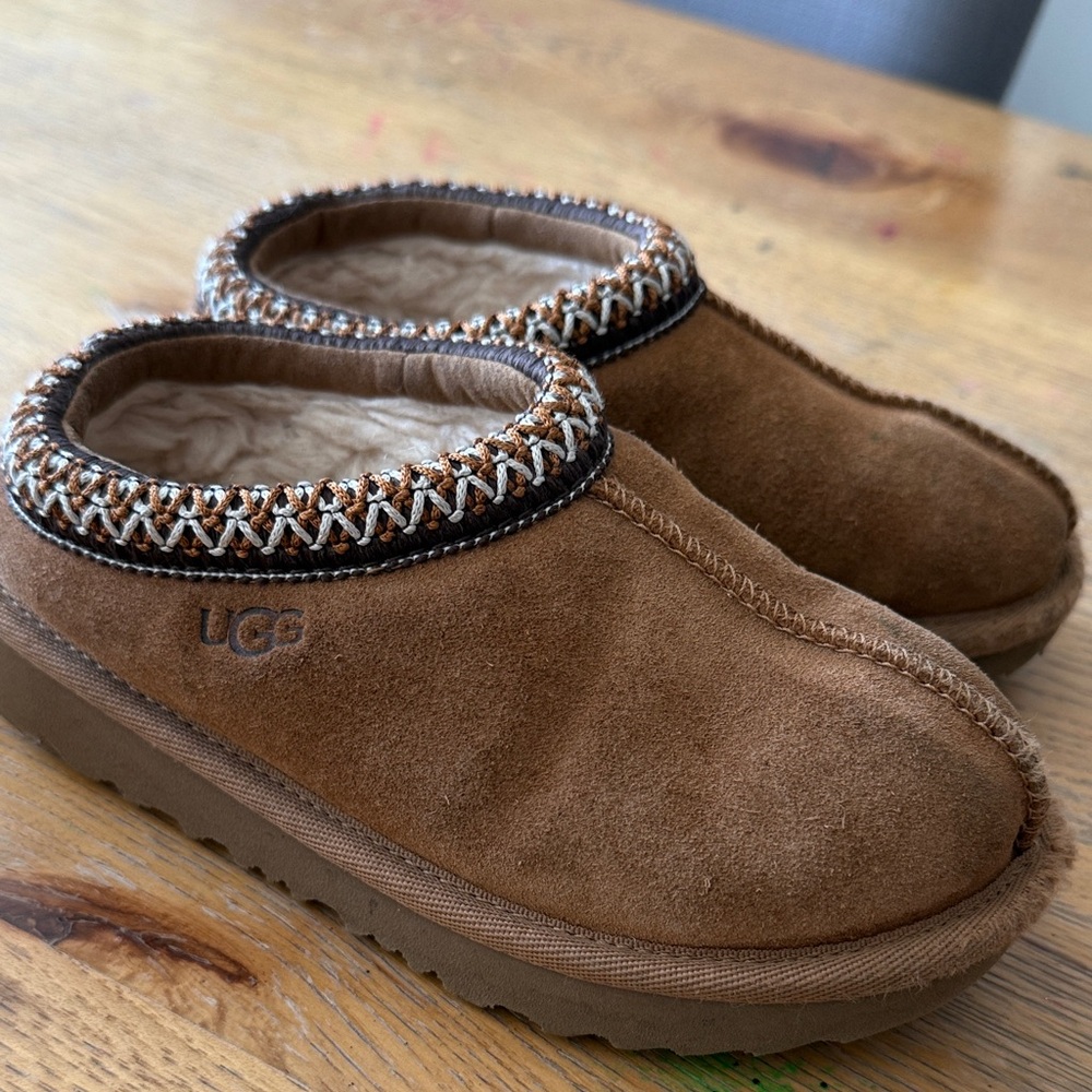 UGG Tan Suede Slippers with Woven Trim